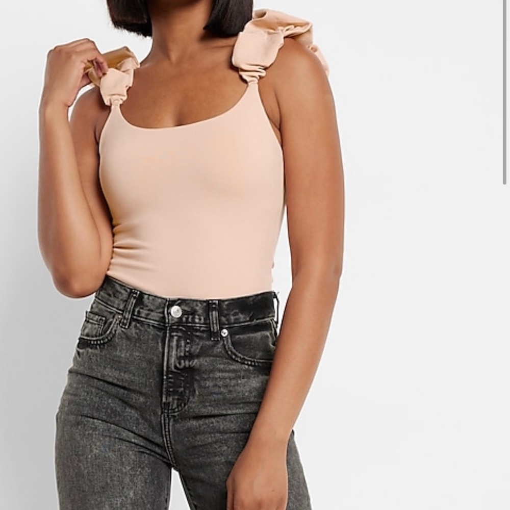 Woman express top Ruched Puff Strap Scoop Neck Thong Bodysuit pink XL